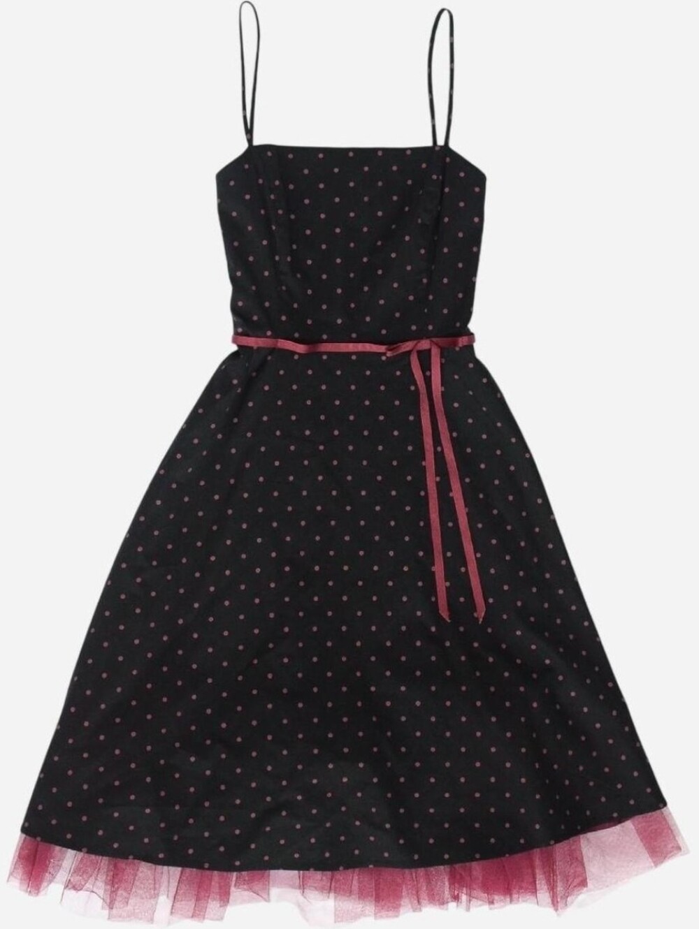 Vintage Black Burgundy Polka Dot Bow Ribbon Waist Dress Tulle Hem Sz 6 Y2K Hoco